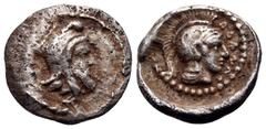Greek DYNASTS OF LYCIA. Ddenewele, circa 420/10-400 BC. Obol (Silver, 10 mm, 0.60 g, 9 h). Head of the Satrap to right, wearing Persian tiara; all within a border of dots. Rev. DDENEΛ Head of Athena t
