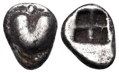 Greek KYRENAICA. Kyrene. Circa 550-500 BC. Obol (8 mm, 0.63 g). Silphium fruit. Rev. Quadripartite incuse square. Cf. BMC 9 (hemiobol). Cf. Rosen 761 (hemiobol). Fine.
