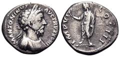 Roman Imperial Marcus Aurelius, 161-180. Denarius (Silver, 18 mm, 3.17 g, 12 h), Rome, 173-174. M ANTONIVS AVG TR P XXVIII Laureate and cuirassed bust of Marcus Aurelius to right, the cuirass decorate