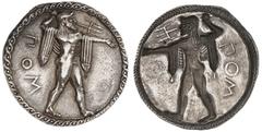 A distinguished collection of greek coins: The property of a Late Collector LUCANIA. Poseidonia. Circa 530-500 BC. Stater (Silver, 29.5 mm, 7.40 g, 12 h). ΠΟΜ Poseidon, nude but for his chlamys passin