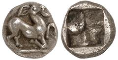 A distinguished collection of greek coins: The property of a Late Collector MACEDON. Aige in Pallene. Circa 500-480 BC. Trihemiobol (Silver, 9 mm, 1.01 g). He-goat in the running-kneeling position to 