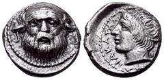 Greek SICILY. Katane. Circa 410-405 BC. Drachm (Silver, 16 mm, 3.89 g, 12 h). Facing head of bald and bearded Silenos with pointed ears. Rev. ΚΑΤΑΝΑΙΩΝ Head of the river god Amenanos to left, his hair