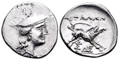Greek AITOLIA, Aitolian League. Circa 205-150 BC. Triobol (Silver, 17 mm, 2.41 g, 3 h), circa 170-160. Head of Aetolia to right, wearing kausia. Rev. AITΩΛΩN Calydonian boar right above monograms of Σ