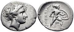 Greek LOKRIS. Lokris Opuntii. Circa 356-338 BC. Triobol (Silver, 18 mm, 2.56 g, 12 h). Head of Persephone to right, wearing wreath of grain leaves and single-pendant earring. Rev. ΟΠΟΝΤΙΩΝ Ajax, nude,