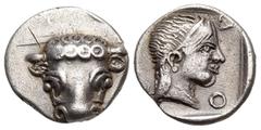 Greek PHOKIS, Federal Coinage. Circa 478-460 BC. Triobol (Silver, 13 mm, 2.82 g, 9 h). Bull's head facing. Rev. Φ-O-K-I Head of Artemis to right, wearing diadem and pearl necklace; all within incuse s