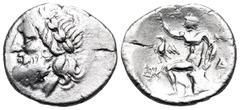 Greek ARKADIA, Arkadian League. Megalopolis. Circa 175-168 BC. Triobol (Silver, 16 mm, 2.34 g, 12 h). Laureate head of Zeus to left. Rev. Pan seated left on rock, his right hand raised and holding lag
