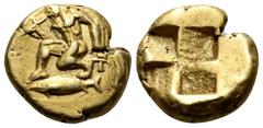 Greek MYSIA. Kyzikos. Circe 500-450 BC. Hemihekte (Electrum, 9 mm, 1.27 g), Phokaic standard. Warrior, nude but for his helmet, kneeling to left, blowing trumpet held with his right hand and holding a