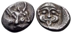 Greek CARIA. Uncertain mint. Circa 5th century BC. Diobol (Silver, 11 mm, 1.30 g, 1 h). Winged bull forepart to right. Rev. Gorgoneion facing with protruding tongue; all within incuse square. HN Onlin