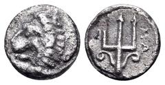 Greek SATRAPS OF CARIA. Maussolos, circa 377/6-353/2 BC. Tetartemorion (Silver, 7 mm, 0.19 g, 6 h), Halikarnassos(?). Forepart of roaring lion to left. Rev. MA Trident. Cf. Konuk, Identities, 18 (hemi