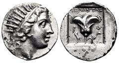 Greek ISLANDS OFF CARIA, Rhodos. Rhodes. Circa 125-88 BC. Drachm (Silver, 16 mm, 2.60 g, 12 h), Plinthophoric coinage, Struck under the magistrate Melantas. Radiate head of Helios to right. Rev. ΜΕΛΑΝ