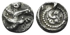 Greek KYRENAIKA. Kyrene. Circa 480-435 BC. Hemiobol (Silver, 6.5 mm, 0.32 g, 6 h). Silphium plant with four leaves (two on each side) and three flowers (one at the top and one between pair of leaves).