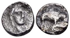 Greek KYRENAICA. Kyrene. Magas, circa 308-277 BC. Hemiobol (Silver, 8.5 mm, 0.51 g, 6 h), struck under Ptolemy I, c. 305-285. Head of Apollo facing slightly to right. Rev. Elephant walking to right. B