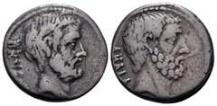 The Robert Hoge collection of Roman Republican & Imperatorial Coins M. Junius Brutus, 54 BC. Denarius (Silver, 17.5 mm, 4.01 g, 3 h), Rome mint. BRVTVS Bearded head of the Consul L. Junius Brutus to r