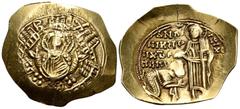 Byzantine Andronicus II Palaeologus, 1282-1328. Hyperpyron (Electrum, 29 mm, 4.03 g, 6 h). Bust of the Virgin orans within the city walls furnished with six groups of towers; B-X sigla above, two grou