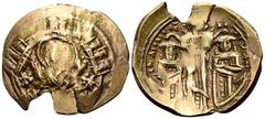 Byzantine Andronicus II Palaeologus, with Michael IX, 1282-1328. Hyperpyron (Electrum, 26 mm, 4.08 g, 6 h), Constantinople, 1303-1320. Bust of the Virgin, orans, within the city walls furnished with f