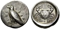 Coins of the Greeks Sicily -. Didrachm (Silver, 8.79 g 1). AKRA -CAΣ Eagle with closed wings standing to left. Rev. Crab within circular incuse; below, EXA ( retrograde ). Jenkins, Gela 6 var. SNG ANS