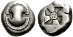 Coins of the Greeks Boeotia Thebes. Circa 480-460 BC. Stater (Silver, 12.13 g). Boeotian shield. Rev. Square incuse with a mill sail pattern and a theta at the center. BCD Boiotia 344. Attractive and 
