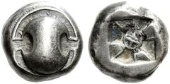 Coins of the Greeks Boeotia Thebes. Circa 480-460 BC. Drachm (Silver, 6.06 g). Boeotian shield. Rev. Square incuse with a mill sail pattern and a theta at the center. BCD Boiotia 345. SNG Copenhagen 2