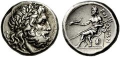 Coins of the Greeks Boeotia Federal Coinage. Circa 287 BC. Tetradrachm (Silver, 17.11 g 12), Thebes. Laureate head of Zeus to right. Rev. BOIΩTΩN Poseidon, seated left on throne with a lion's leg on t