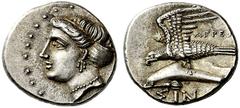 Coins of the Greeks Paphlagonia Sinope. Circa 330-300 BC. Drachm (Silver, 4.90 g 5), Agreos. Head of the nymph Sinope to left, her hair in a sakkos, wearing a triple pendant earring and a pearl neckla