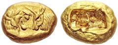 Coins of the Greeks Lydia Kings of Lydia. Kroisos. Circa 560-546 BC. Stater (Gold, 8.07 g), light standard, Sardes, c. 550-546, and later until c. 520. Foreparts of lion, on the left, and bull, on the