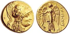 Coins of the Greeks Seleukid Kings of Syria -. Stater (Gold, 8.50 g 4), Susa, c. 280s. Head of Athena to right, wearing a pendant earring, a pearl necklace, and a crested Corinthian helmet ornamented 