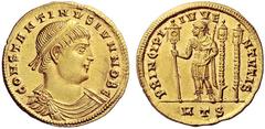 Coins of the Romans Constantine II. As Caesar, AD 316-337. Solidus (Gold, 4.52 g 6), Thessalonica, 330-331. CONSTANTINVS IVN NOB C Draped and cuirassed bust of Constantine II Caesar to right, wearing 