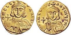 Byzantine Coins Leo III the “Isaurian”, with Constantine V. 717-741. Solidus (Gold, 4.42 g 6), c. 725-732. dND LEON P A MuL Crowned and bearded bust of Leo III facing, holding cross on globe and akaki