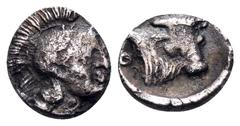 The Collection sans Pareille of Ancient Greek Fractions, Part III LUCANIA. Thourioi. Circa 443-400 BC. Obol (Silver, 7.5 mm, 0.37 g, 9 h). Head of Athena to right, wearing crested Attic helmet decorat
