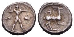 The Collection sans Pareille of Ancient Greek Fractions, Part III BRUTTIUM. Kaulonia. Circa 475-425 BC. Triobol (Silver, 11 mm, 1.27 g, 1 h). K Apollo advancing right, holding laurel branch in upraise