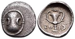 The Collection sans Pareille of Ancient Greek Fractions, Part III BOEOTIA, Federal Coinage. Thebes. Circa 395-340 BC. Obol (Silver, 11 mm, 0.78 g, 6 h). Boeotian shield. Rev. BO-I Kantharos; above, ho