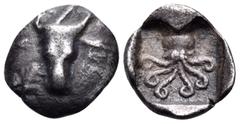 The Collection sans Pareille of Ancient Greek Fractions, Part III EUBOIA. Eretria. Circa 500-465 BC. Obol (Silver, 10 mm, 0.56 g, 12 h). Bull's head facing. Rev. Octopus with head above and six arms. 