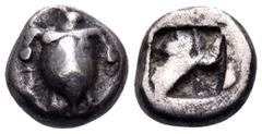 The Collection sans Pareille of Ancient Greek Fractions, Part III ISLANDS OFF ATTICA, Aegina. Circa 535/0-525/0 BC. Obol (Silver, 8 mm, 0.98 g). Sea turtle with "boxer arms", head in profile. Rev. Qua