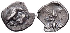 The Collection sans Pareille of Ancient Greek Fractions, Part III ELIS. Olympia. 90th Olympiad, 420 BC. Obol (Silver, 11 mm, 0.78 g, 2 h), 'Zeus mint'. Eagle standing to right, tearing at hare held in