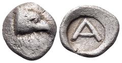 The Collection sans Pareille of Ancient Greek Fractions, Part III ELIS. Olympia. 91st-94th Olympiad, 416-404 BC. Hemiobol (Silver, 8.5 mm, 0.41 g, 4 h). Head of an eagle to right. Rev. Large A within 