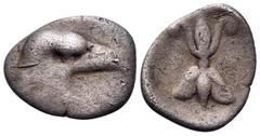 The Collection sans Pareille of Ancient Greek Fractions, Part III ELIS. Olympia. 97th-100th Olympiad, 392-380 BC. Obol (Silver, 12 mm, 0.75 g, 2 h), 'Zeus mint'. Head of an eagle to right. Rev. Thunde
