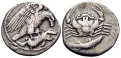 Greek SICILY. Akragas. Circa 420-410 BC. Hemidrachm (Silver, 16 mm, 2.02 g, 1 h). Eagle with open wings, standing to right on hare. Rev. AK/PA Crab; below, fish swimming to right. SNG ANS 1010. SNG Lo