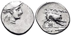 Greek AITOLIA, Aitolian League. Circa 205-150 BC. Triobol (Silver, 17 mm, 2.43 g, 3 h), circa 225-170. Head of Aetolia to right, wearing kausia. Rev. AITΩΛΩN Calydonian boar right above monogram of ΠΑ