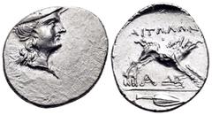 Greek AITOLIA, Aitolian League. Circa 205-150 BC. Triobol (Silver, 18 mm, 2.41 g, 10 h), circa 170-160. Head of Aetolia to right, wearing kausia. Rev. AITΩΛΩN Calydonian boar right above A and monogra