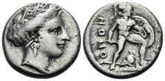 Greek LOKRIS. Lokris Opuntii. Circa 356-338 BC. Triobol (Silver, 14 mm, 2.55 g, 6 h). Head of Persephone to right, wearing wreath of grain leaves. Rev. ΟΠΟΝ-[ΤΙΩΝ] Ajax, nude but for helmet, moving ri
