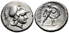 Greek LOKRIS. Lokris Opuntii. Circa 300-275 BC. Triobol (Silver, 16 mm, 2.55 g, 11 h). Head of Athena to right, wearing crested Corinthian helmet. Rev. Ajax nude, advancing to right, holding sword in 