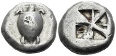 Greek ISLANDS OFF ATTICA, Aegina. Circa 525-475 BC. Stater (Silver, 20 mm, 11.78 g). Sea turtle, countermark on shell. Rev. Incuse "skew" pattern. HGC 6, 433. Meadows, Group IIc. Countermark on obvers