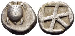 Greek ISLANDS OFF ATTICA, Aegina. Circa 480-457 BC. Stater (Silver, 21 mm, 11.91 g). Sea turtle seen from above, head in profile, with 'T-back' design on shell. Rev. Incuse square with skew pattern. H