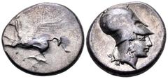 Greek CORINTHIA. Corinth. circa 400-375 BC. Stater (Silver, 20 mm, 8.46 g, 1 h). Pegasus with straight wings, flying to left. Rev. Head of Athena to right wearing a Corinthian helmet. BCD Corinth 73 v