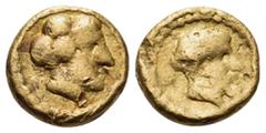 Greek KYRENAICA. Kyrene. Circa 435-331 BC. Obol or 1/10 Stater (Gold, 7 mm, 0.84 g, 9 h). Head of Kyrene to right, wearing a sphendone and a large disc earring. Rev. Head of Zeus Ammon to right, with 
