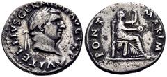 Roman Imperial Vitellius, 69. Denarius (Silver, 18 mm, 3.27 g, 5 h), Rome, struck late April-20 December 69. A VITELLIVS GERM IMP AVG TR P Laureate head of Vitellius to right. Rev. PONT MAXIM Vesta se