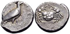 The Prof. James M. Collier Collection - Greek Coins SICILY. Akragas. Circa 510-500 BC. Didrachm (Silver, 22.5 mm, 8.80 g, 3 h). AKPAC-ANTOΣ Eagle standing to right with wings closed. Rev. Crab. HGC 2,