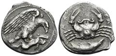 The Prof. James M. Collier Collection - Greek Coins SICILY. Akragas. Circa 420-410 BC. Hemidrachm (Silver, 17 mm, 1.99 g, 8 h). Eagle right, clutching dead hare in talons. Rev. AK-RA Crab; below, fish