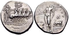 The Prof. James M. Collier Collection - Greek Coins SICILY. Selinos. Circa 410 BC. Tetradrachm (Silver, 29 mm, 17.37 g, 8 h). ΣΕΛΙΝΟΝΤΙΟ[Ν] Persephone and Hades in quadriga to right; Hades holding the