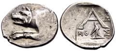 The Prof. James M. Collier Collection - Greek Coins ARGOLIS. Argos. Circa 90-50 BC. Triobol (Silver, 17 mm, 2.13 g, 12 h), Struck under the magistrate Hieron. Forepart of wolf at bay to left. Rev. Lar